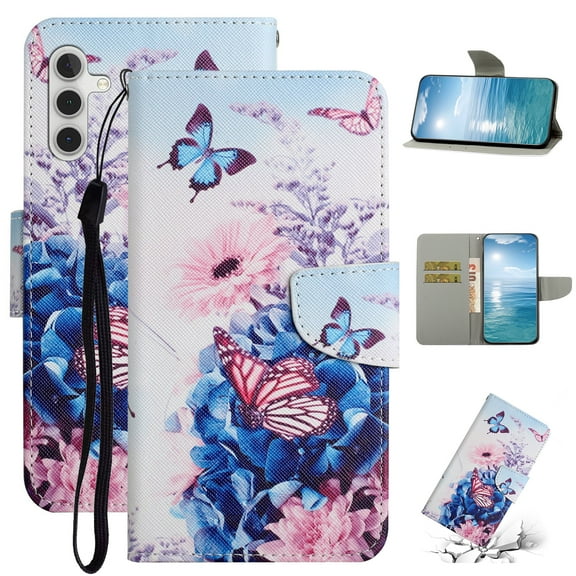 SaniMore for Samsung Galaxy A05S Wallet Case, Painted PU Leather for Women Men Wrist Strap Magnetic Clasp Card Slots All-around Protective Shockproof Anti-fall Stylish Stand Shell, Purple Butterfly