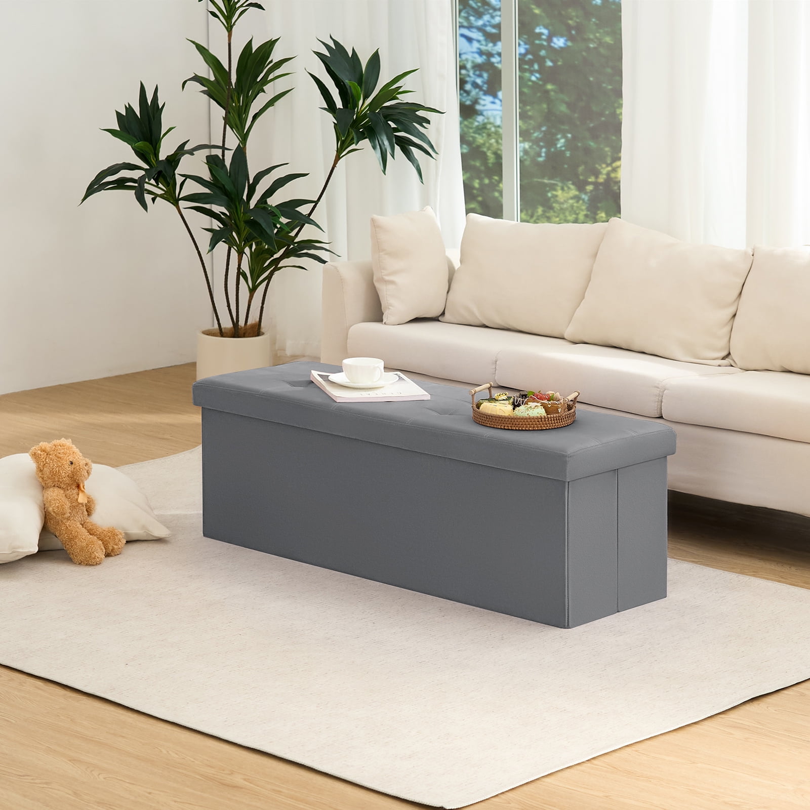 LUSIMO Ottoman with Storage 43" Velvet Storage Bench Folding End of Bed Bench Hold up to 660lb Footstool for Bedroom Living Room, Dark Grey