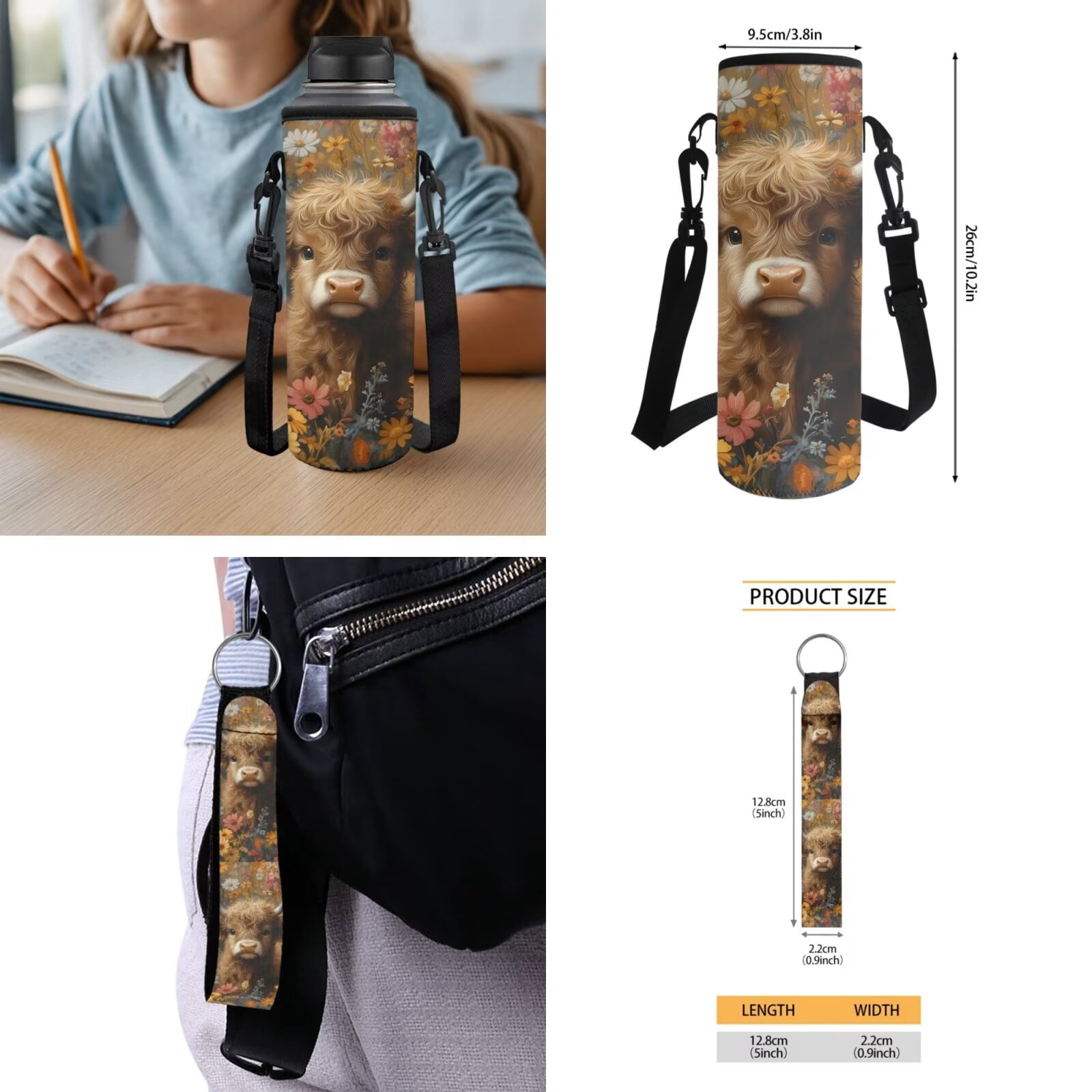 Pzuqiu Highland Cow Floral Backpack for Girls 5 Piece School Bookbag with Lunch Bag Lightweight School Bag for Girls 10-12 Elementary Backpack with Water Bottle Bag Pencil Box