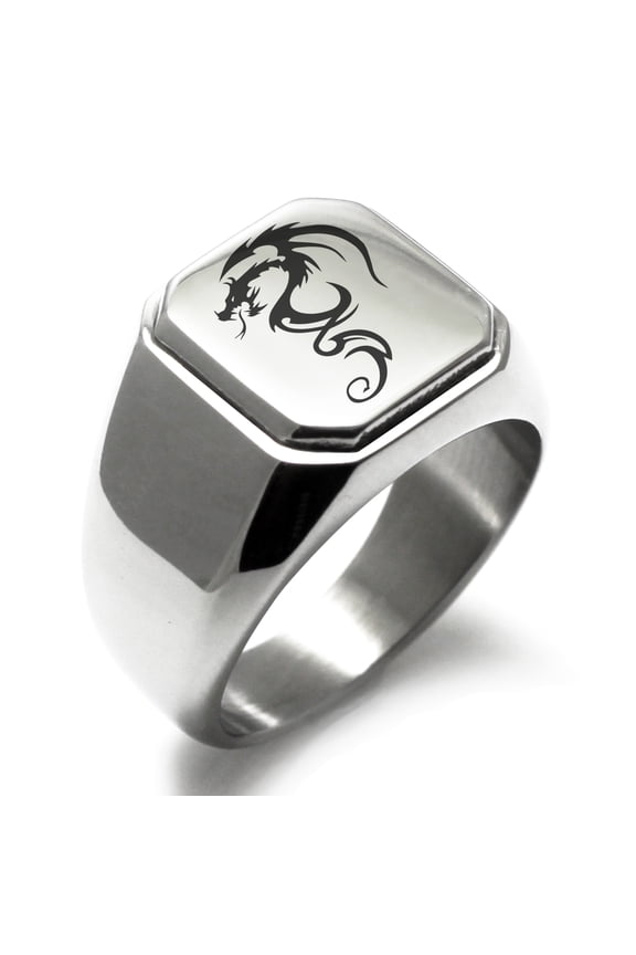 Stainless Steel Shadow Dragon Engraved Square Flat Top Biker Style Polished Ring