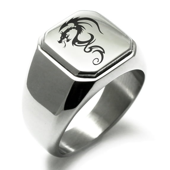 Stainless Steel Shadow Dragon Engraved Square Flat Top Biker Style Polished Ring