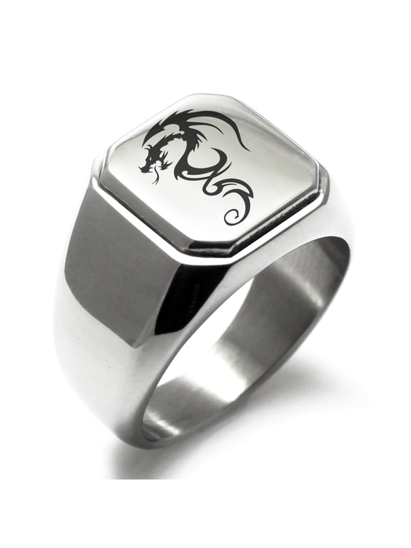 Stainless Steel Shadow Dragon Engraved Square Flat Top Biker Style Polished Ring