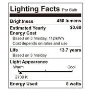 Great Value LED Ceiling Fan Bulb, A15, E26 Medium Base, 5W 40W Equivalent, Soft White, Dimmable, Clear, 2 Pack