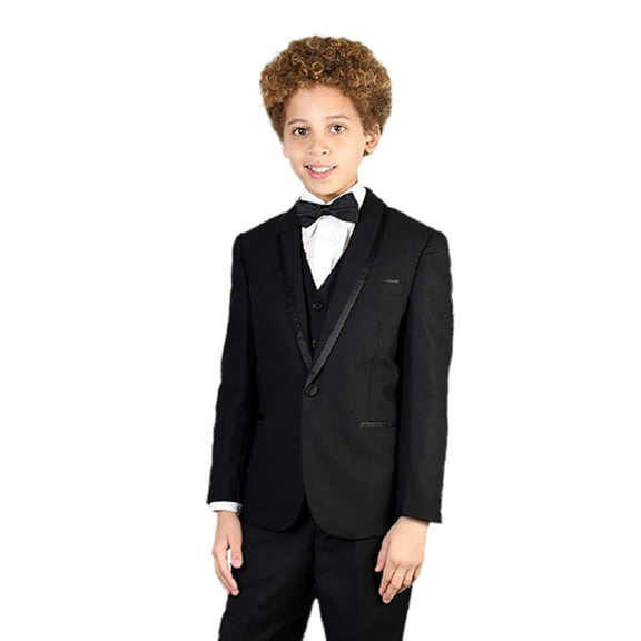 B-Caesar Black 5Pc Tuxedo Boy Suit Including Shirt And Bow Tie By Alberto Nardoni Brand Designer