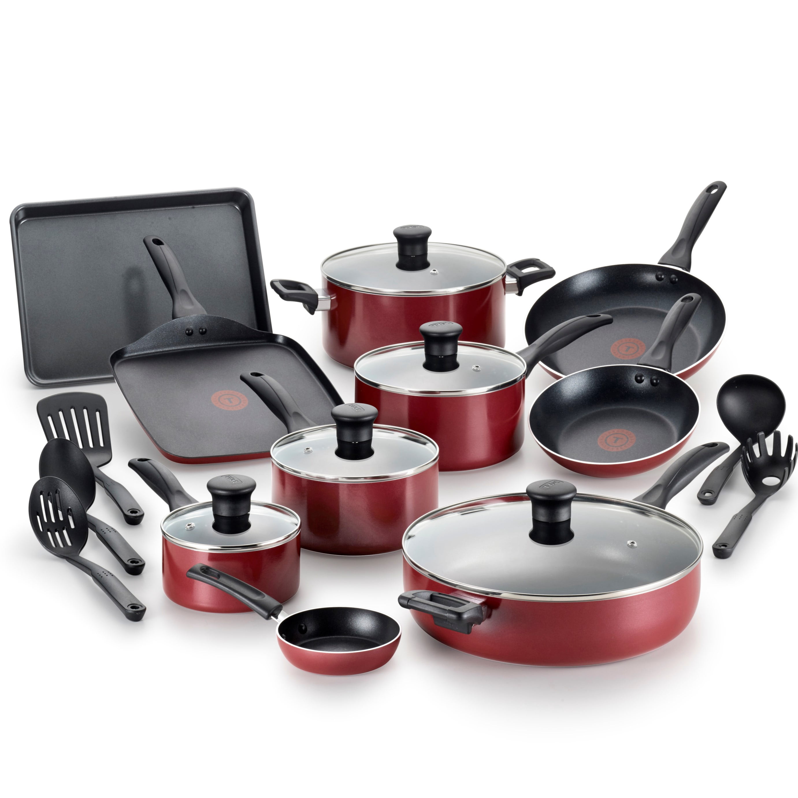 T-Fal Easy Care Thermo-Spot 20 Piece Non-Stick Dishwasher Safe Red Cookware Set 