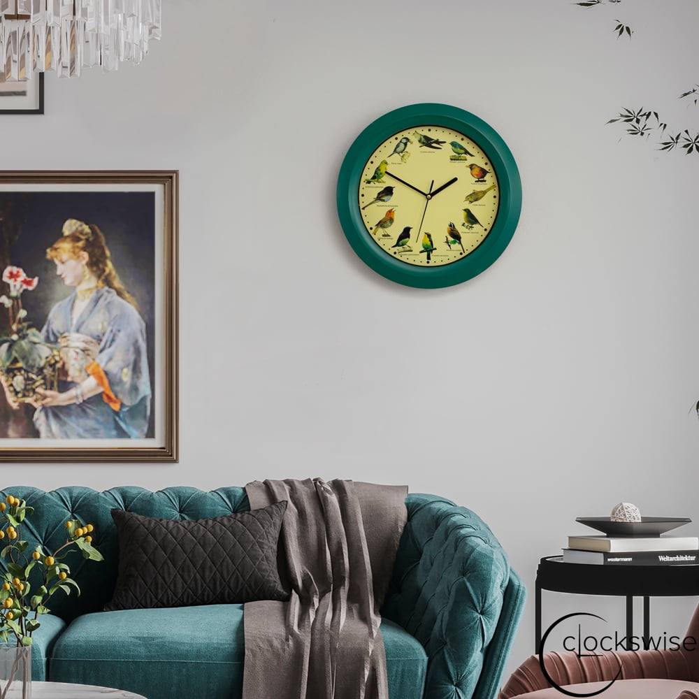 Clockswise 12" Round Decorative Singing Bird Wall Clock Battery-Operated with Wild Nature Sounds Hourly Chime and Non-Ticking for Home Office Kitchen Dining Bedroom Classroom and Living Spaces, Green