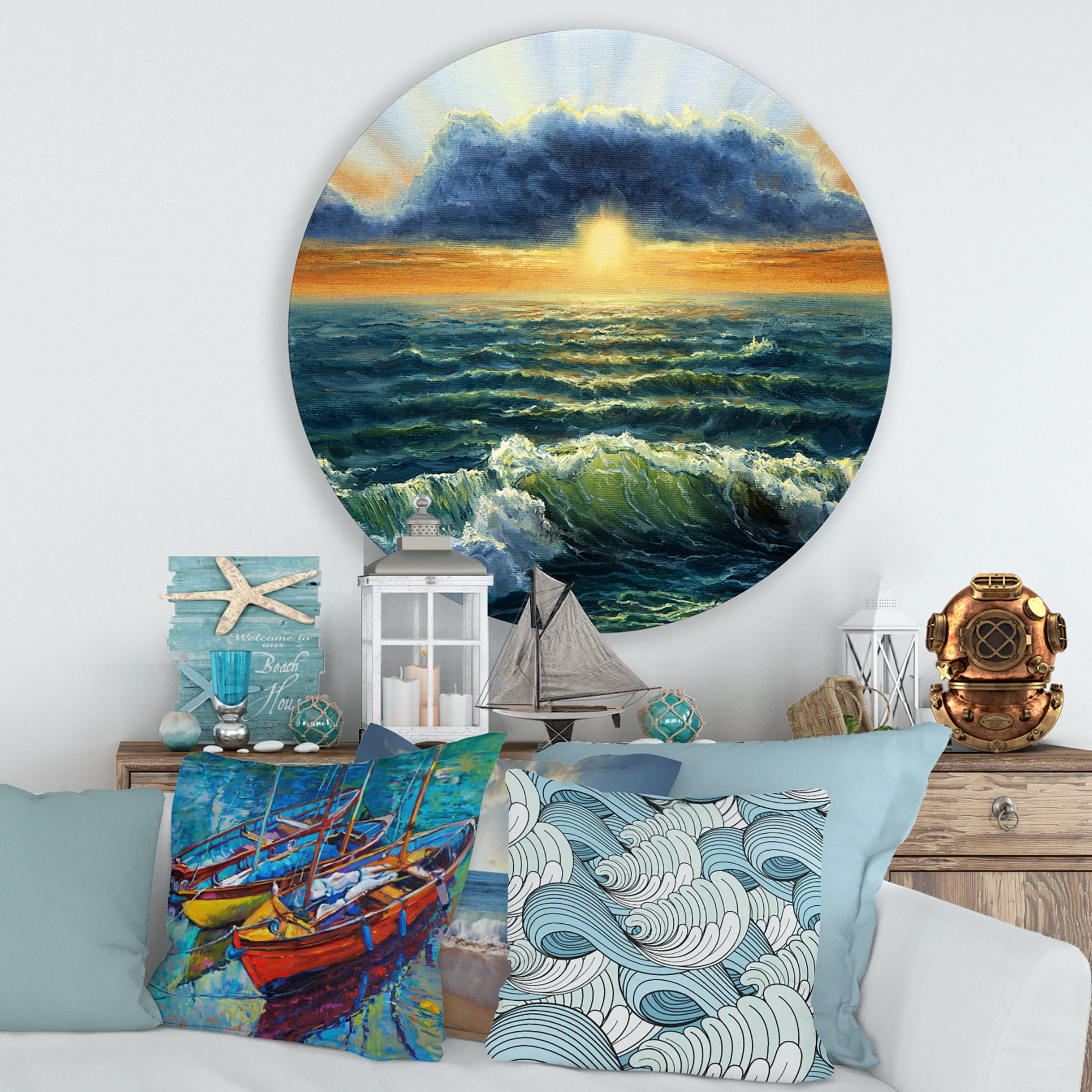 Designart 'The Blue Ocean In Sunset Evening I' Nautical & Coastal Circle Metal Wall Art 29x29 - Disc of 29