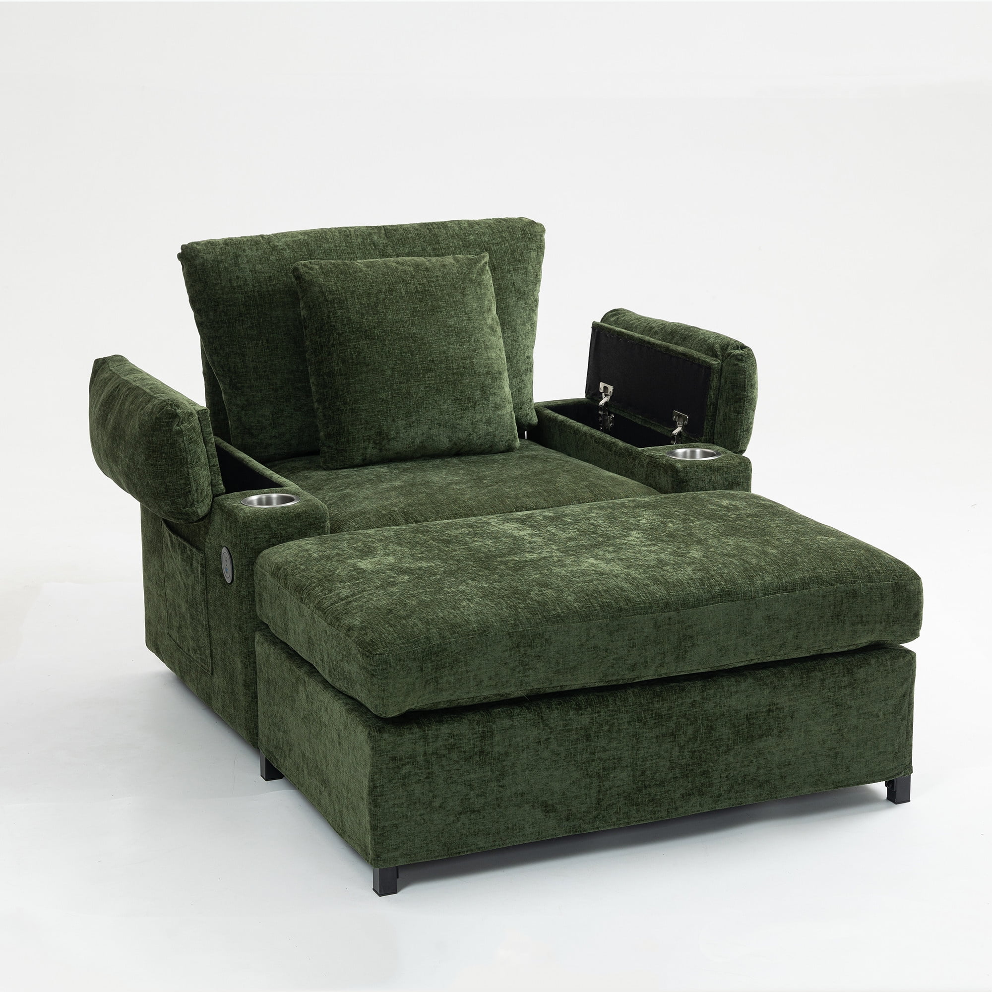 Aukfa 39" Oversized Chaise with 2 Cupholders&USB Ports, Chenille Cloud Couch Chair Bed, Green