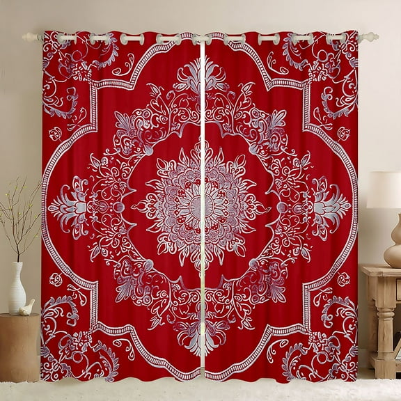 Manfei Female Men Red White Mandala Black Out Curtains,Bohemian Theme Curtains Pack of 2 (42x63 Each),Exotic Style Bedroom Curtains,Microfiber Bedroom Decor