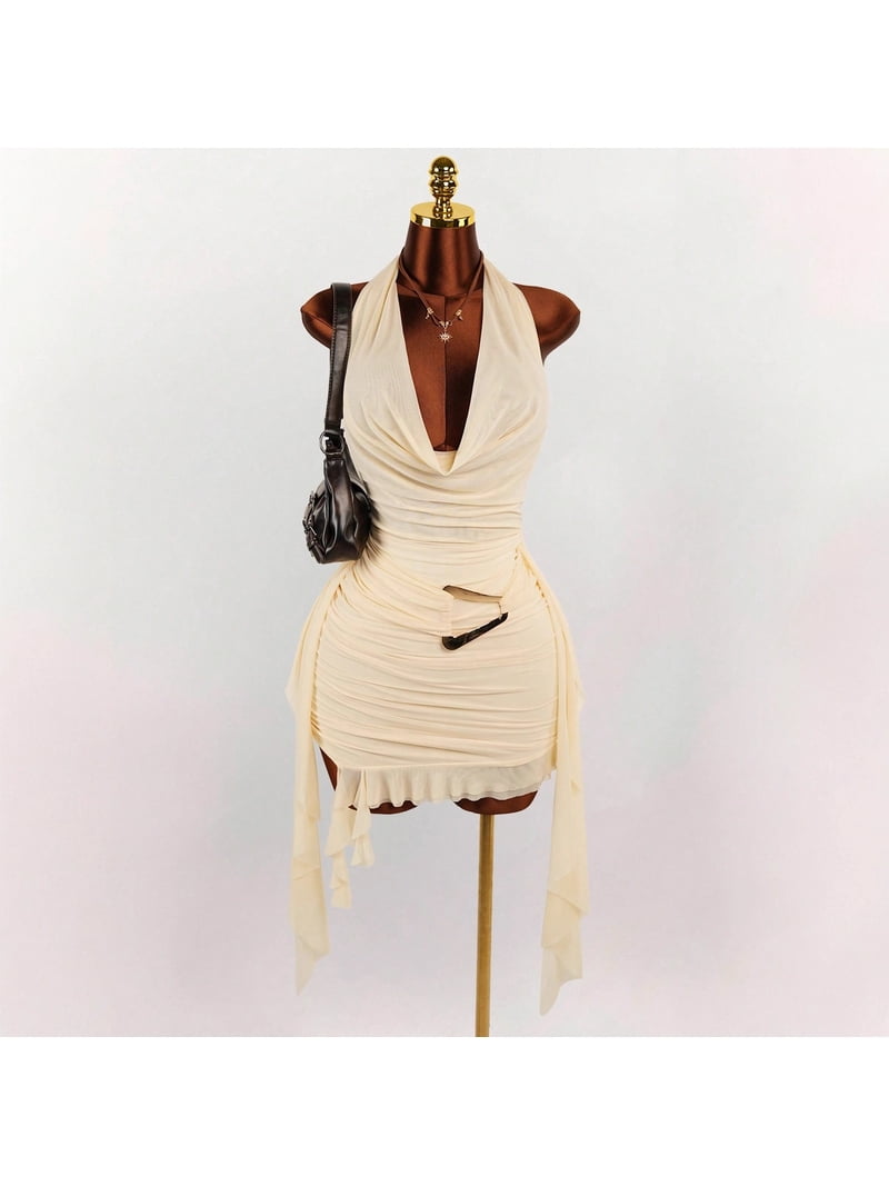 Women's Teal Halter Deep V Mini Dress, Draped Cowl Neck Ruched Bodycon Dress with Metal Buckle and Mesh Tassel Hem for Club Party