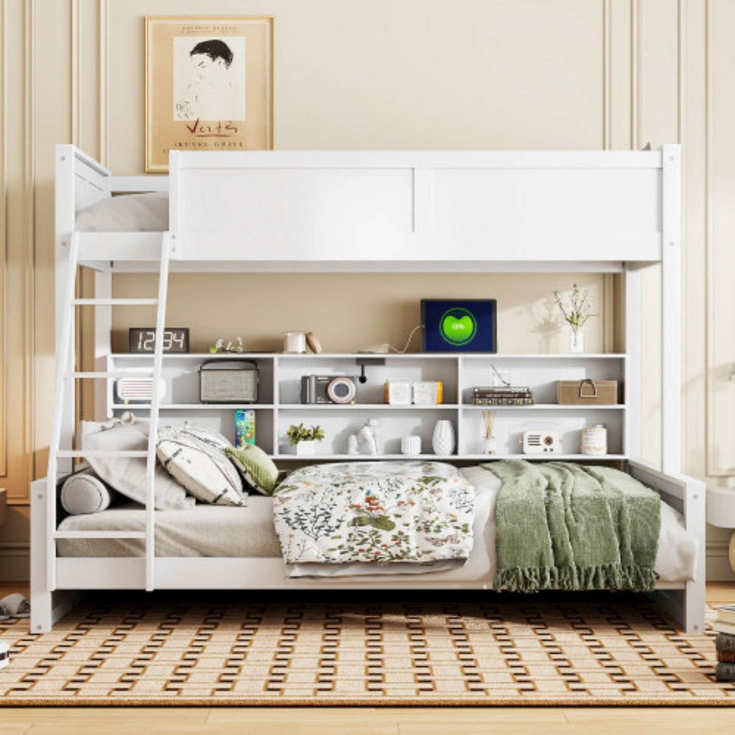 Twin XL Over Queen Bunk Bed with Storage Cabinets & USB Ports, Solid Wood Loft Bed with Guardrails, Space Saving Bed for Bedroom, Antique White