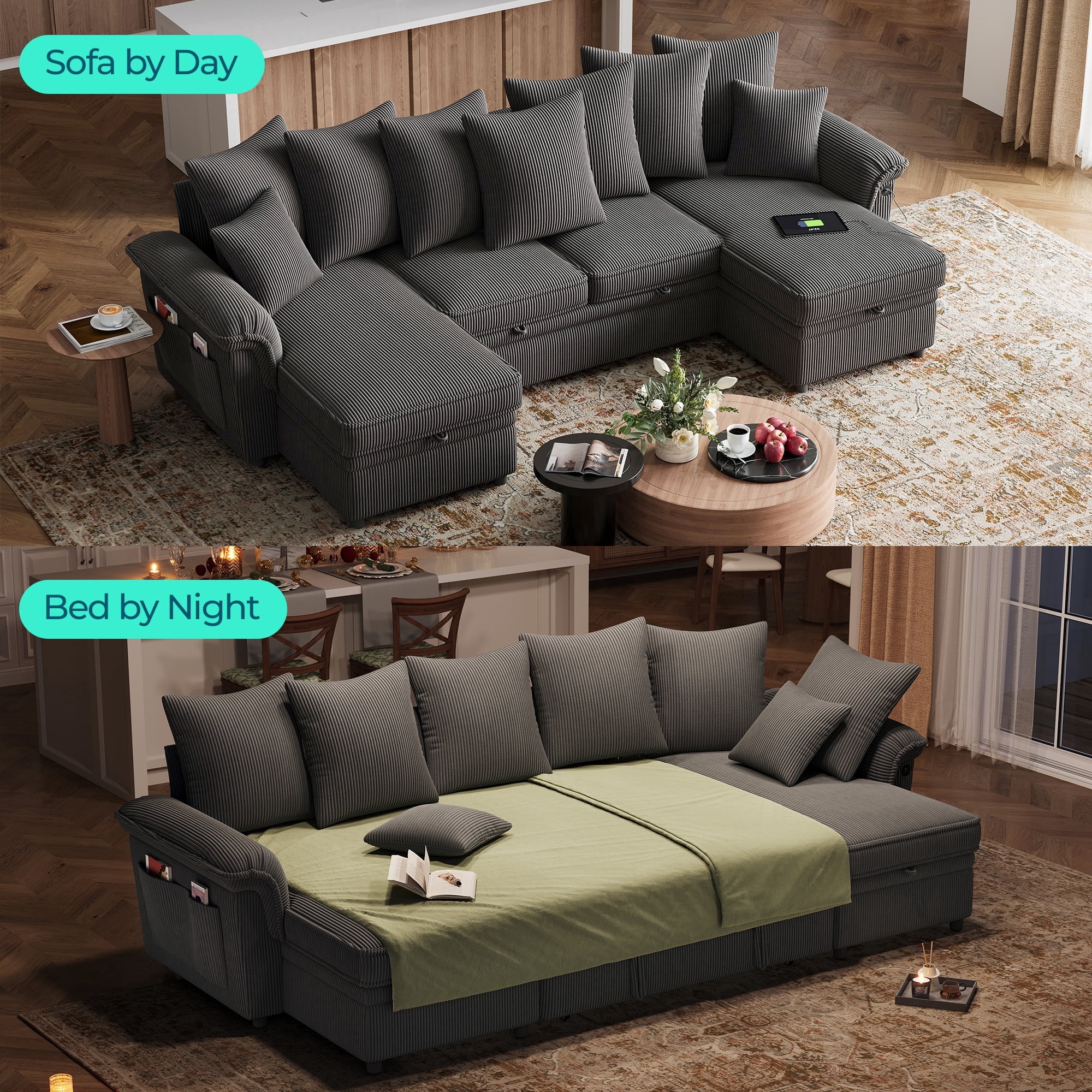 LINSY HOME Oversized 119" Sleeper Sofa Bed with Reversible Storage Chaise, Pull Out Couch Bed with USB, Side Pocket & Two Pillows, Grey