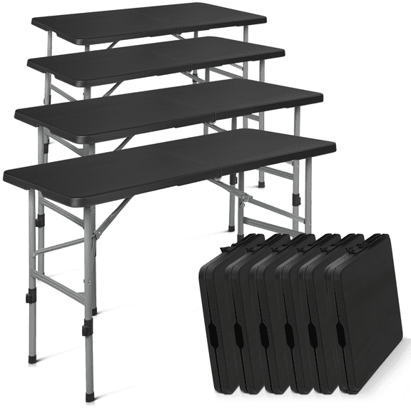 MoNiBloom 10 Pieces 4-Foot Plastic Folding Card Table, Indoor Outdoor Desk with Carrying Handle and Height Adjustable, Black
