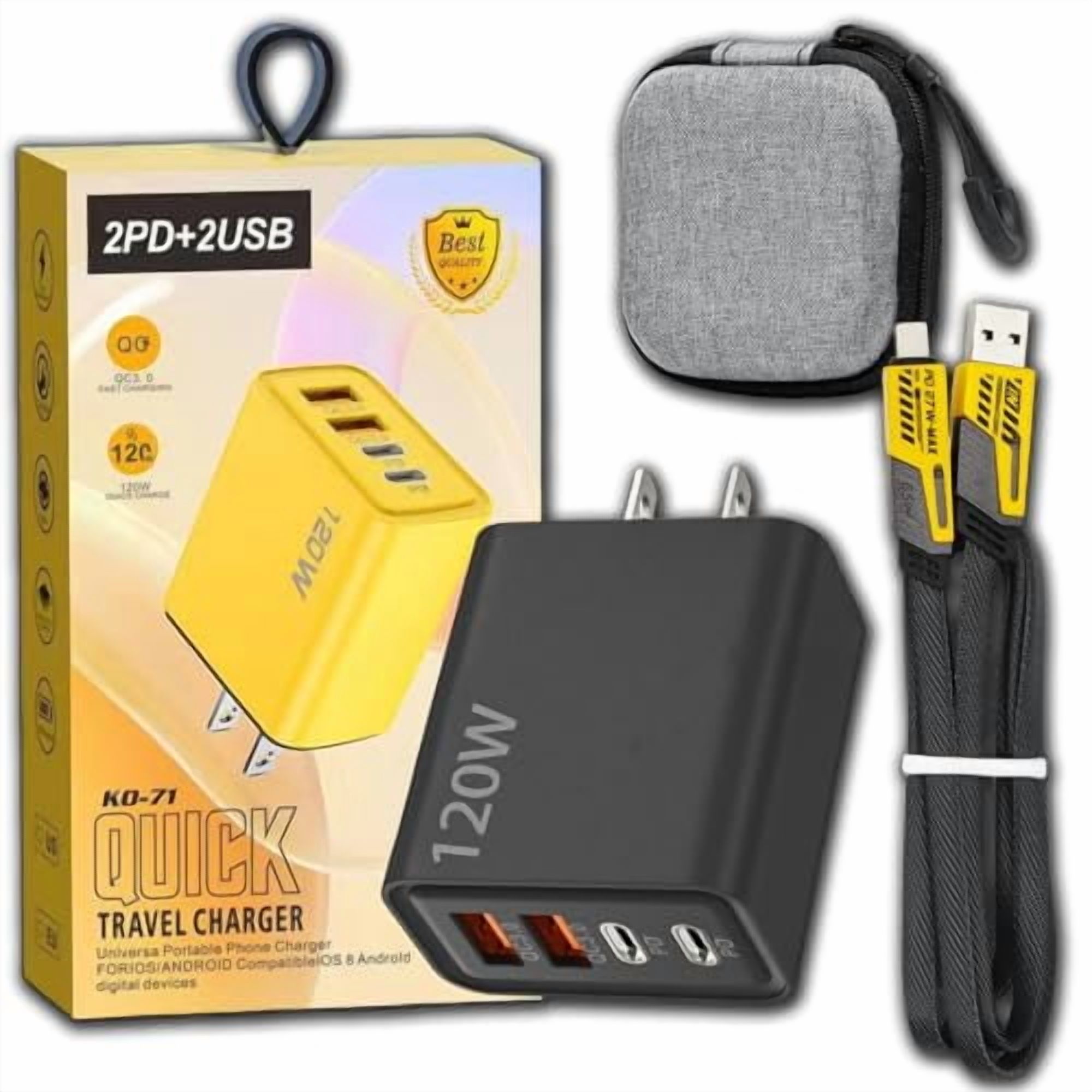 120w Dual USB & Dual Type-C Fast Charger, All-New Upgraded Thermal Optimized Charger 120 Watt, with 59in Flat Braided Mechanical Style Multi-Function Cable