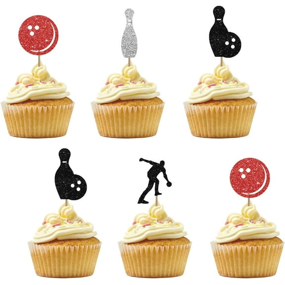 12pcs Bowling Cupcake Toppers for Sport Themed Party, Black & Red Glitter Bowling Player Sign Cupcake Toppers, Cake Decorations for 1st Birthday/Bowling Ball Theme Birthday Supplies