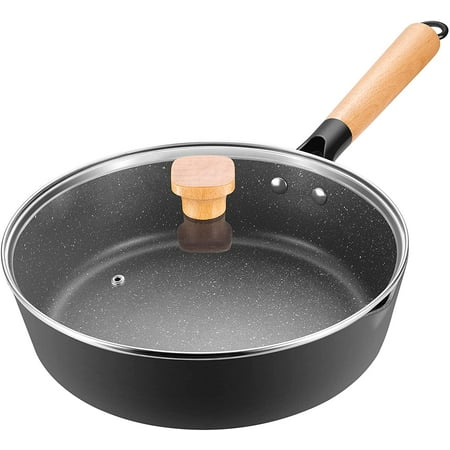 

CINAK Non-Stick Skillet with Lid 11-Inch Skillet with Detachable Wooden Handle Induction Skillet Granite Stone Coating Oven Safe Black
