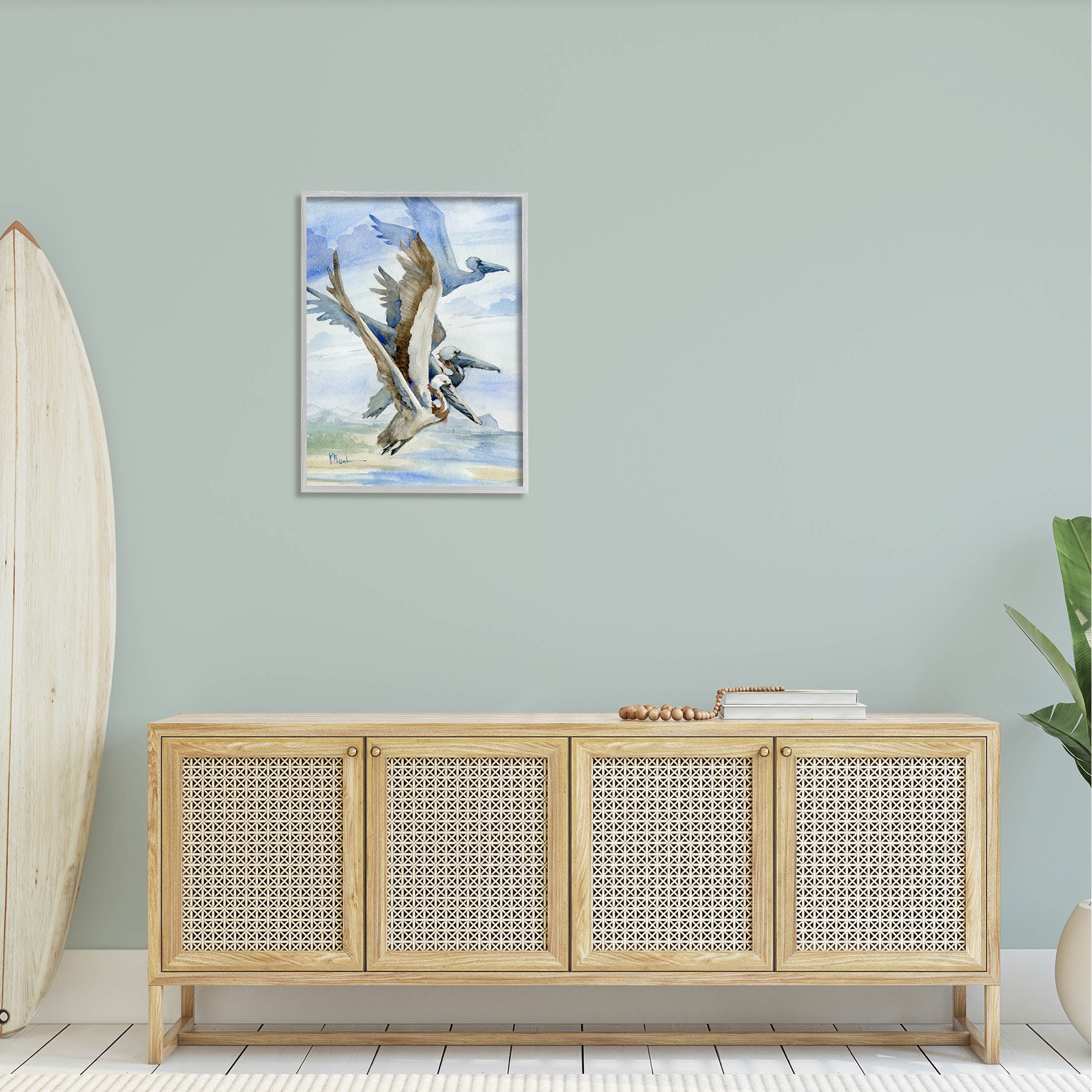 Stupell Industries Pelicans Aloft Bird Flight Trio Painting Gray Framed Art Print Wall Art, Design by Paul Brent
