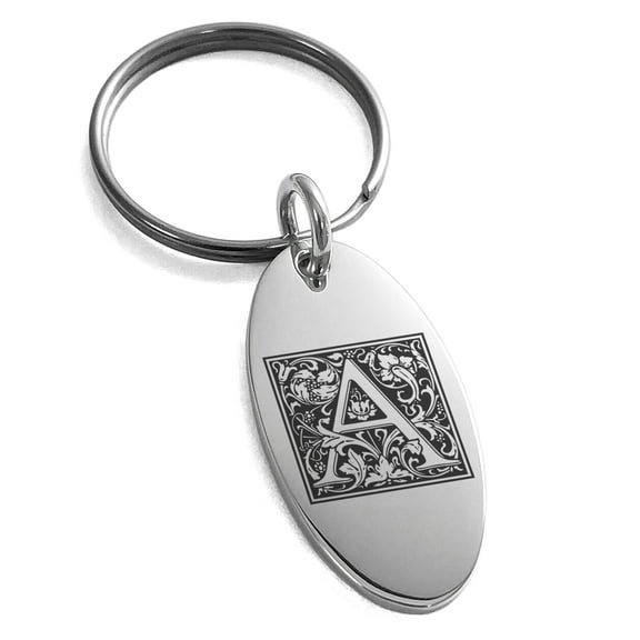 Stainless Steel Letter A Initial Floral Box Monogram Engraved Small Oval Charm Keychain Keyring