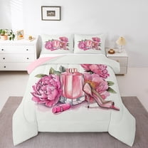 Manfei Girls Perfume Bedding Comforter Set,Women High Heels Twin Comforter Sets,Romantic Pink Flower Bedding Set For Teens,Luxury Bedroom Decor Reversible,2 Pieces