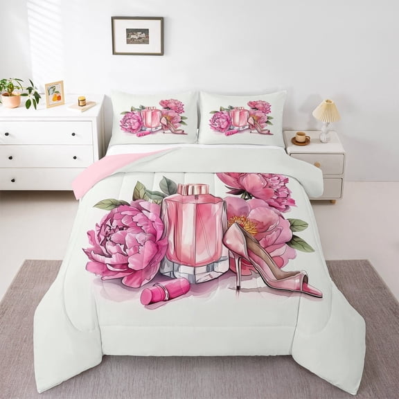 Manfei Girls Perfume Bedding Comforter Set,Women High Heels Twin Comforter Sets,Romantic Pink Flower Bedding Set For Teens,Luxury Bedroom Decor Reversible,2 Pieces