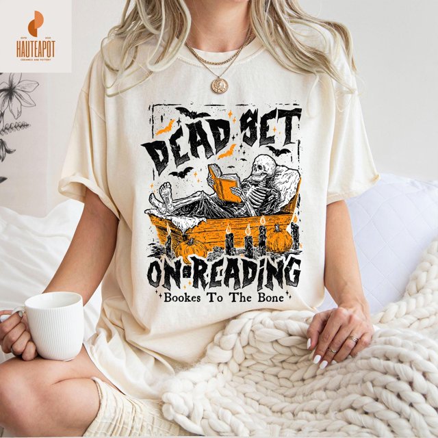 Funny Book Dead Set On Reading Skeleton Halloween T Shirt, Book Lover T-Shirt, Spooky Book - As Picture - M