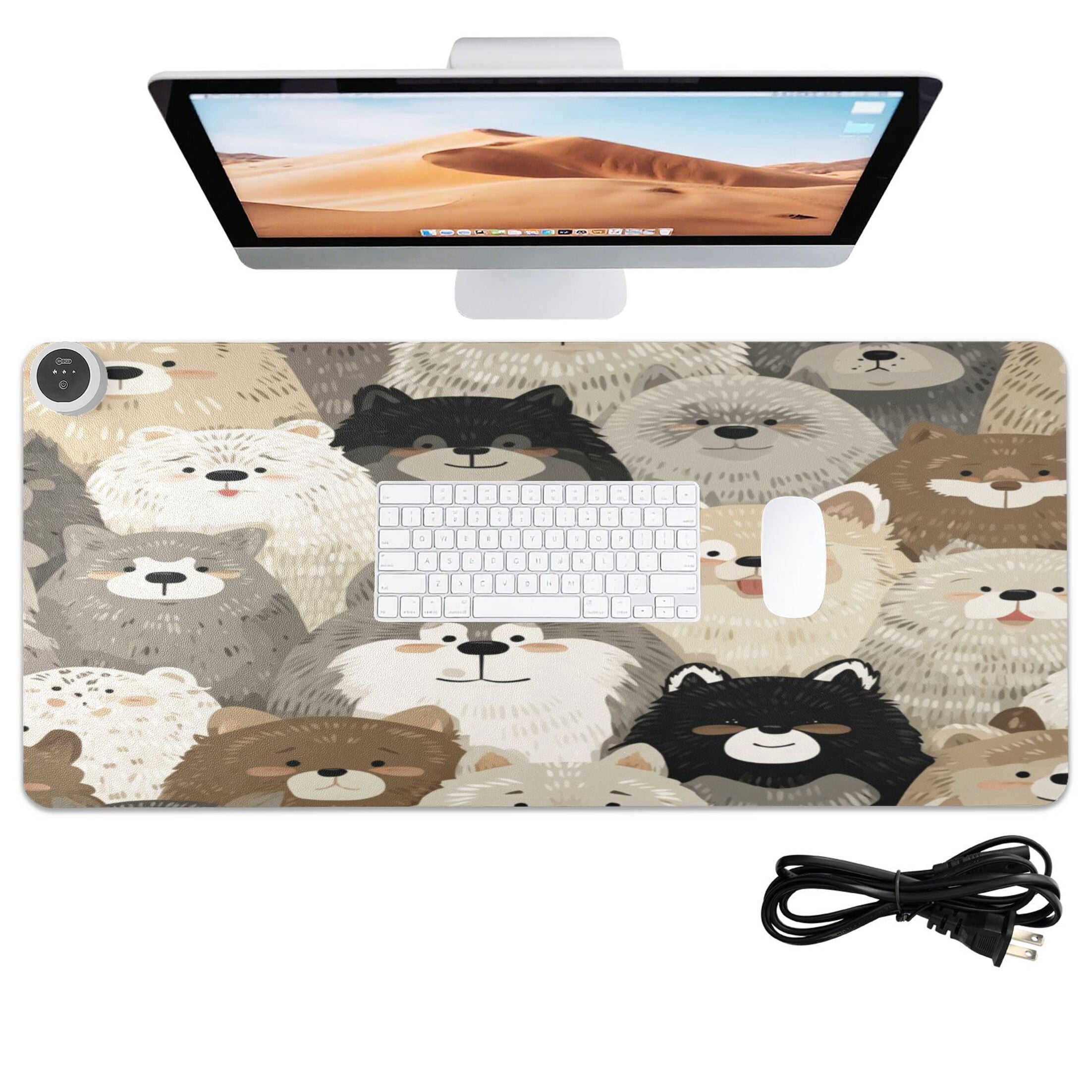 Large Heated Desk Mat Mouse Pad 31.5"x13"PU Leather Graphene Heating Desk Warmer with 3 Temperature Settings 110V US Plug Non-Slip Warm Pad for Home, Office, and Gaming Cute Fluffy Fur Family