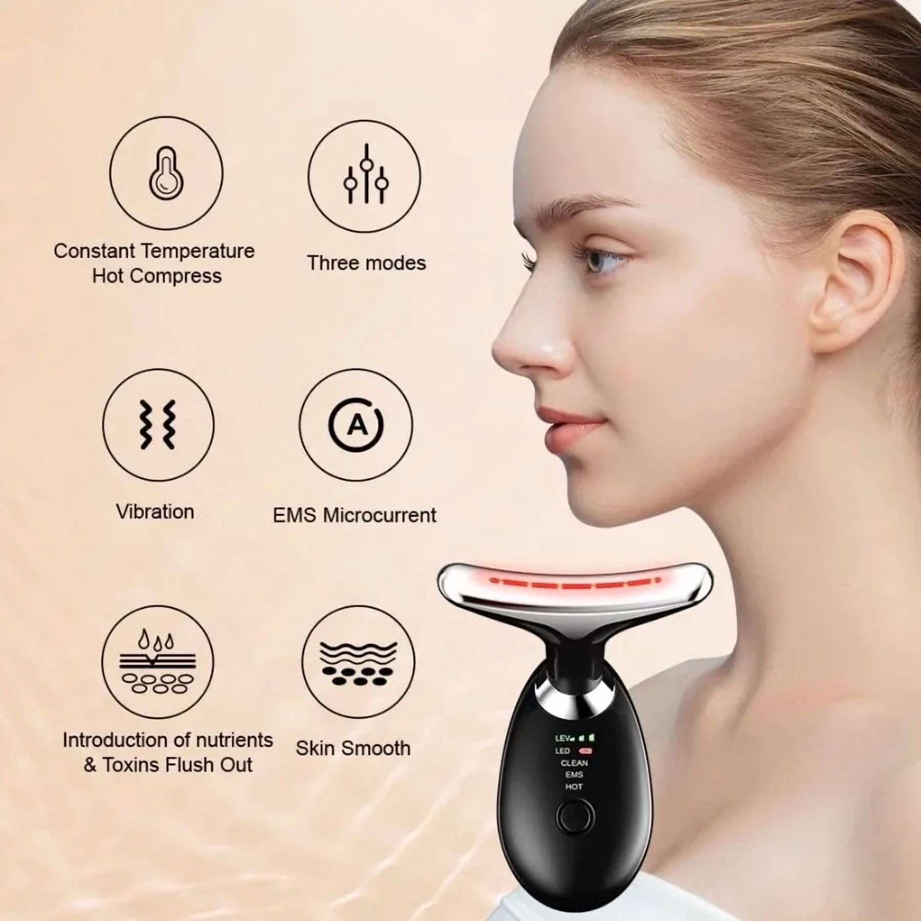 Facial and neck massager, anti-wrinkle facial device, 3-color EMS for anti-wrinkle, reduces double chin