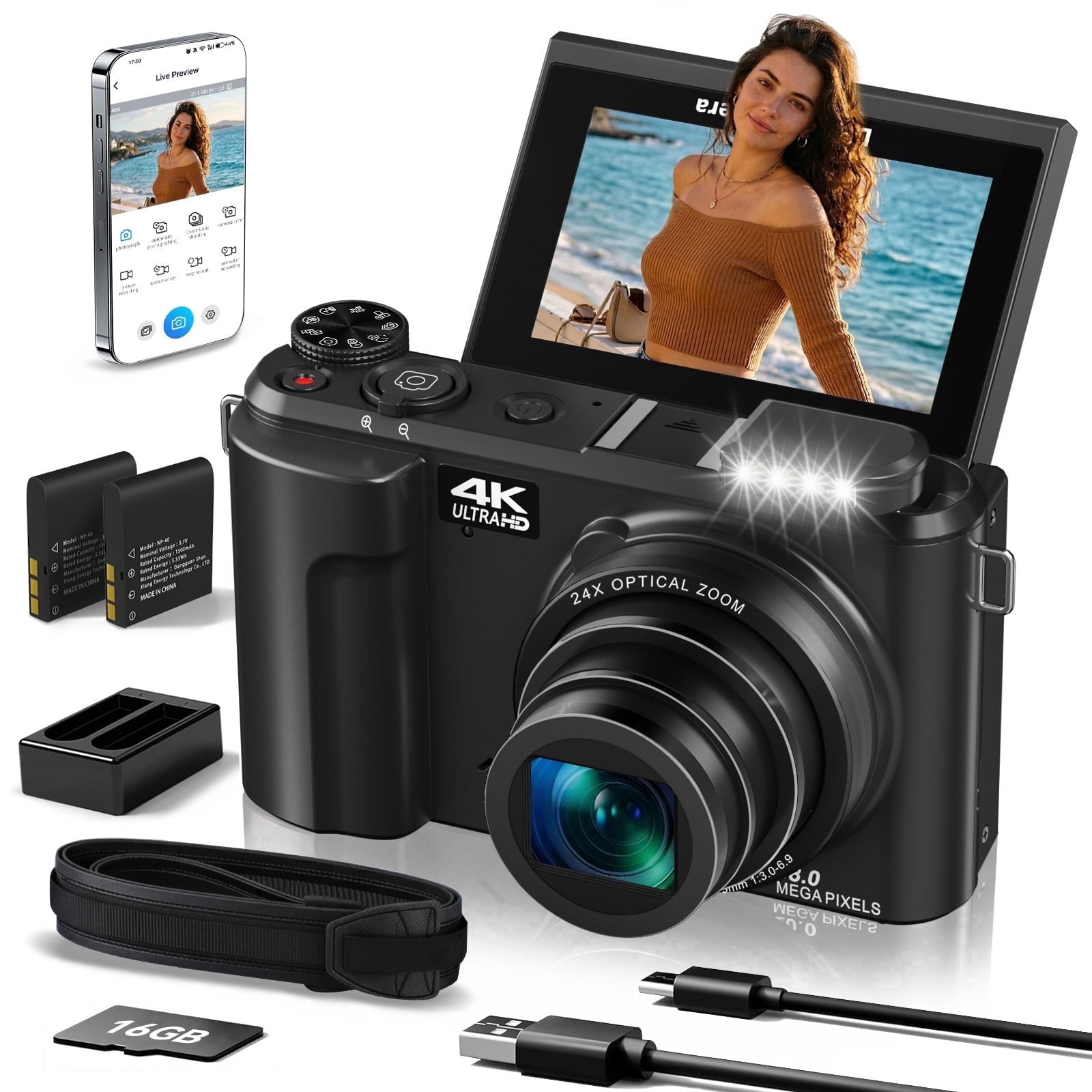 XLURC 4K Digital Camera for Photography 24X Optical Zoom Auto-Focus Vlogging Camera for YouTube with WiFi 88MP Video Camera 3'' 180° Flip Screen with 16GB SD Card