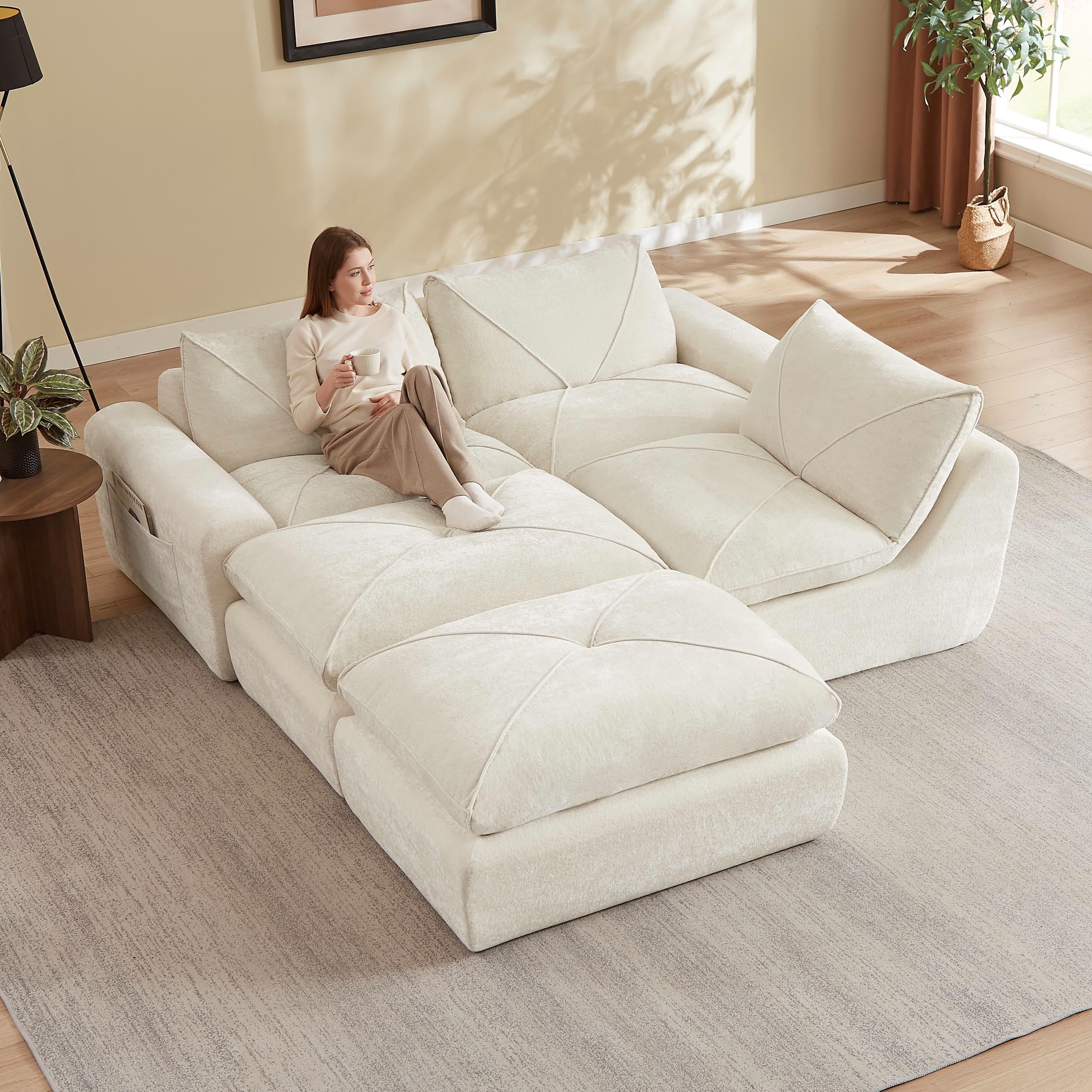 MAYEERTY 119" Cream Chenille U-Shaped Modular Sectional Sofa, Spring Support for Living Room Apartment