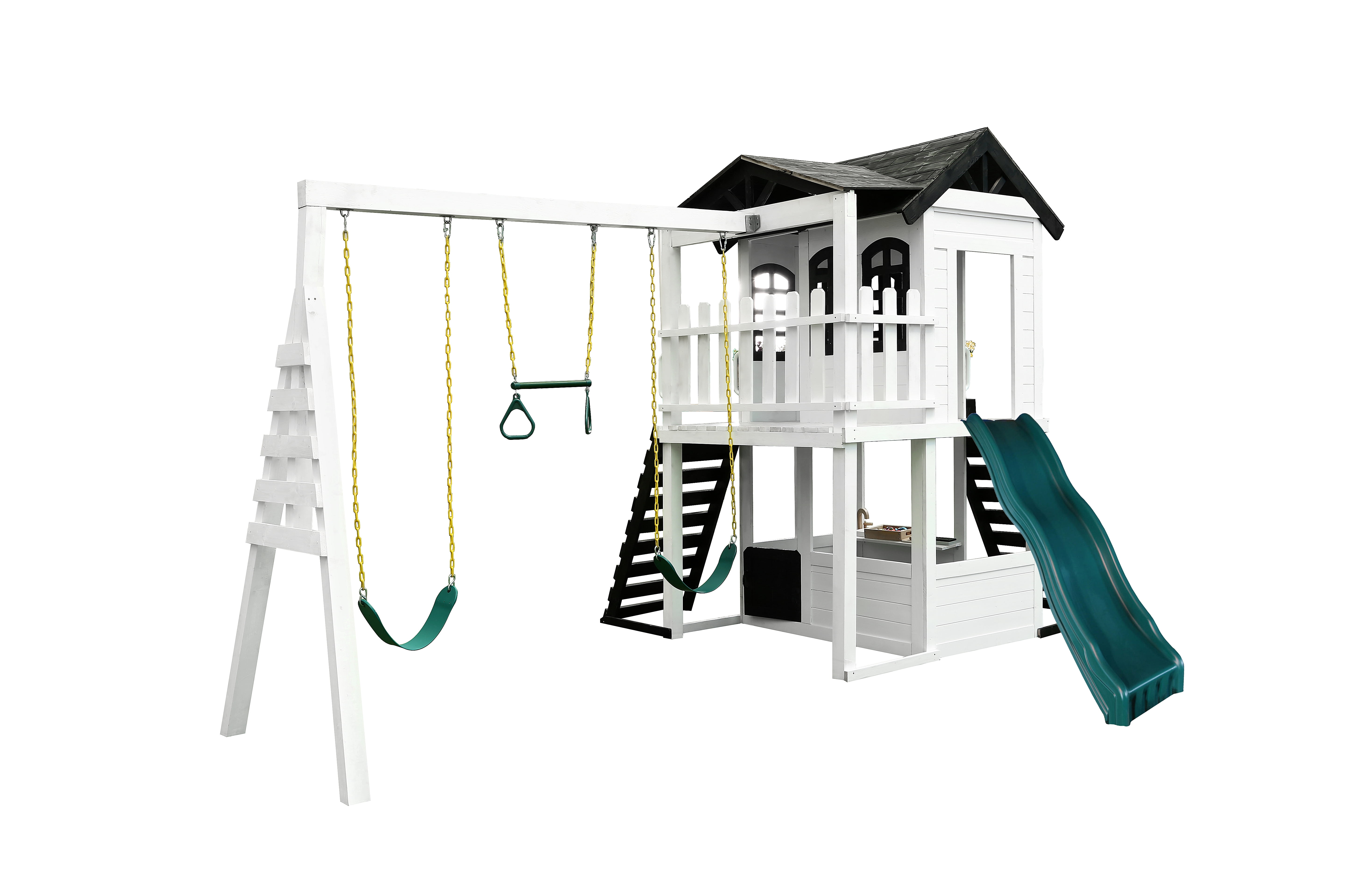2MamaBees Reign Two Story Playhouse | Black & White Farmhouse Design with Kitchen and Garden