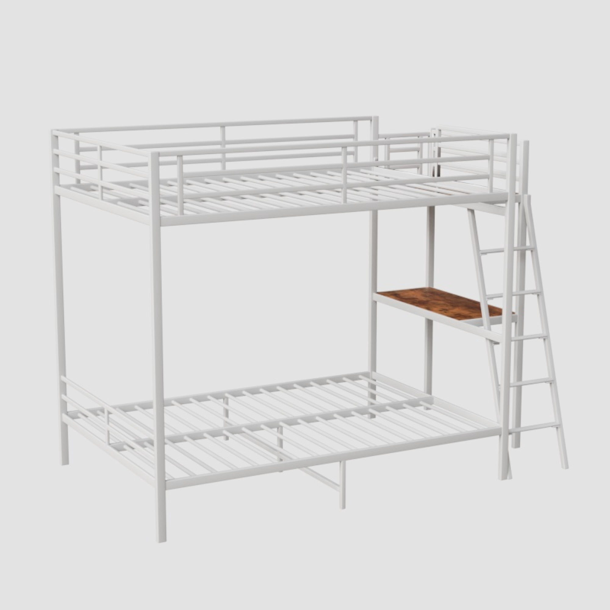 Leumius Full over Full Bunk Bed with Desk,Metal Bed Frame with Full Length Guardrails and Ladders, White