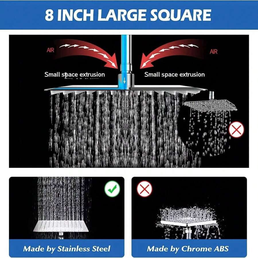 Shower Head Combo,8/10/12" Rain Square Shower Head  With 9 Inch Adjustable Extension Arm And 3 Settings Handheld Spray,150cm Long Hose