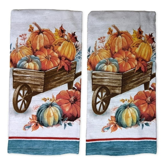 Set of 2 HARVEST PUMPKIN WHEELBARROW Terry Kitchen Towels by Kay Dee Designs