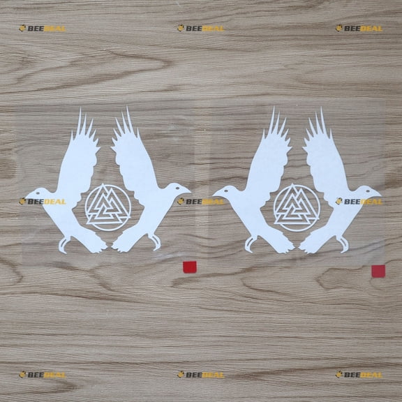 Huginn and Muninn Twin Ravens Valknut Decal Sticker Vinyl - 2 Pack White, 4 Inches - for Car Boat Laptop Die-Cut No Background Style a