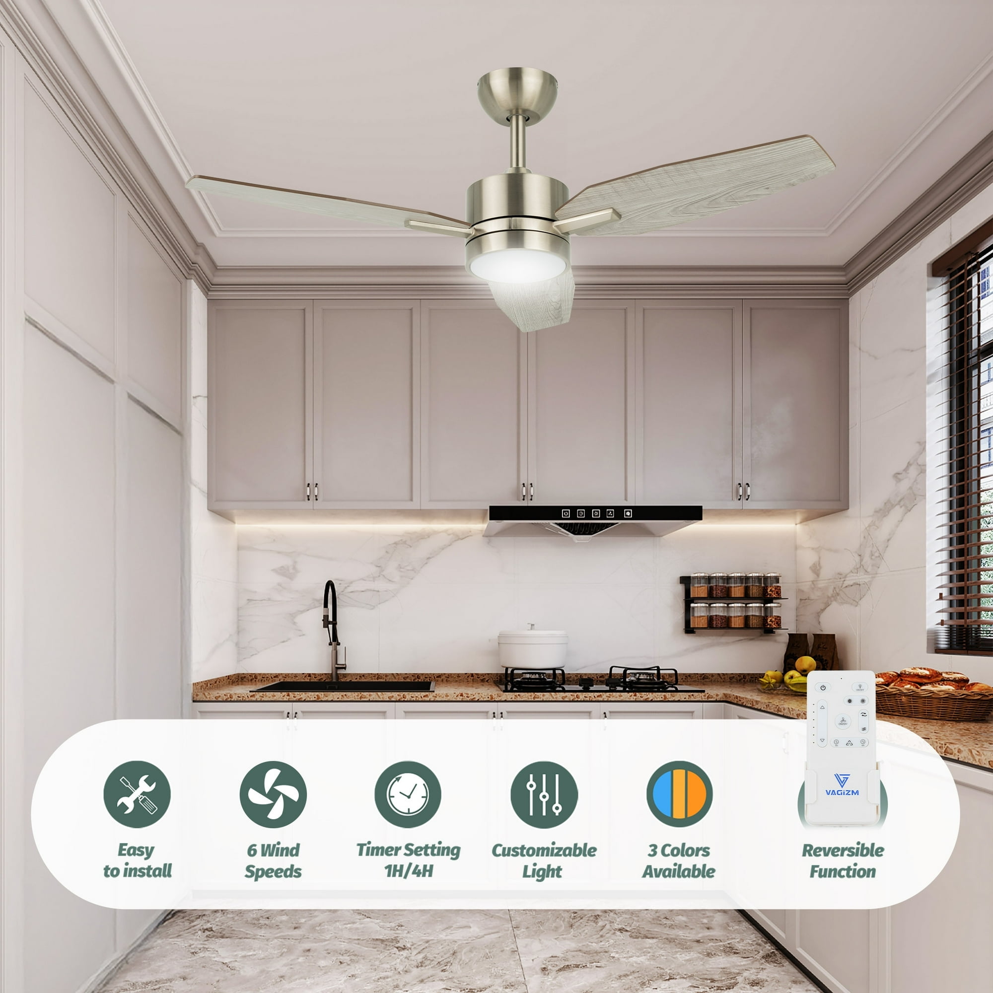 Vagizm 42 Inch Ceiling Fan with Light - 3 Blades Modern Ceiling Fan for Living Room and Bedroom - Quiet DC Motor - 3CCT - 6 Speeds - Dimmable - Reversible Function - Light Wood Tone
