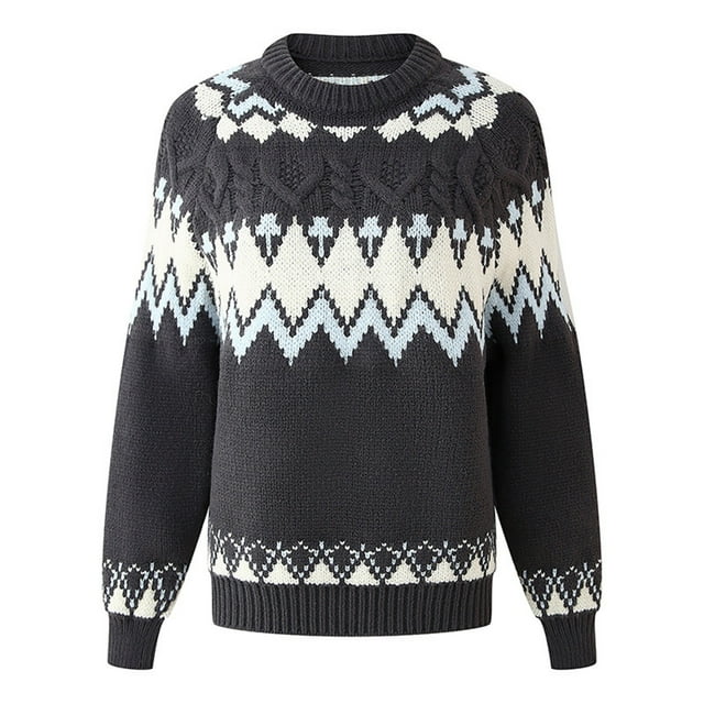 Fair Isle Yarn Dyed Pullover Sweater Casual Winter Knit Soft Loose Fit Round Neck Patterned Color Top,Size:L
