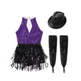 thumbnail image 4 of TSSOE Girls Shiny Sparkle Latin Salsa Ballet Fringe Tassel Jazz Dance Lyrical Dress Dancewear with Gloves Hat Set Purple&Black 12, 4 of 5