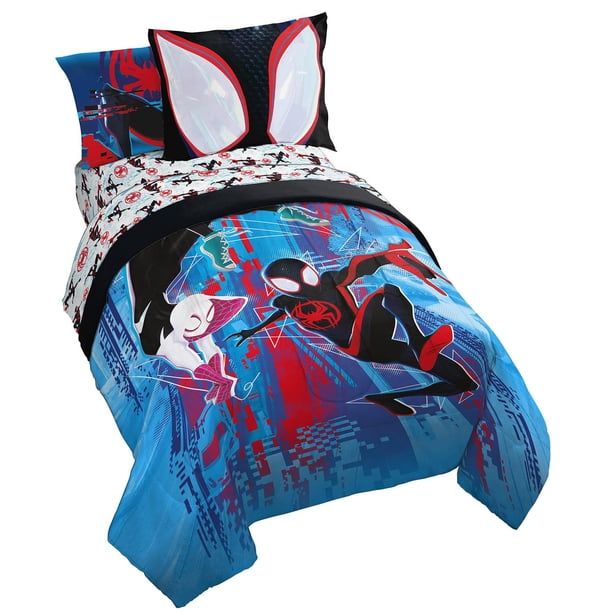Marvel Spiderman Across The Spider-Verse Glitch Juego de cama tamaño completo de 7 piezas - Incluye edredón y juego de sábanas - Microfibra súper suave resistente a la decoloración (producto oficial)