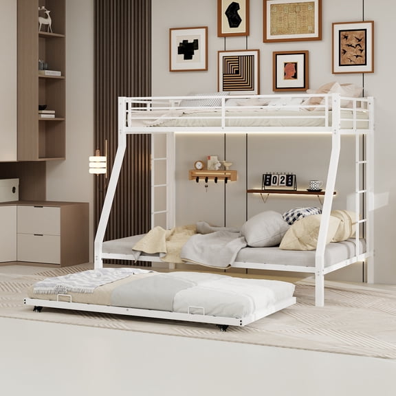 White Metal Triple Bunk Bed Twin Over Full with Twin Mattress, Space-Saving Steel Frame, Design Supports Up to 400 Pounds