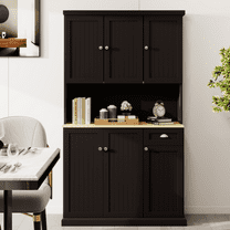 PAPROOS 71" Pantry Cabinets with Hutch, Tall Kitchen Pantry Storage Cabinet, Sideboard Buffet Cabinet with 6-Doors, 1-Open Shelves and 1-Drawer, Kitchen Dining Room Bathroom Sideboard, Black