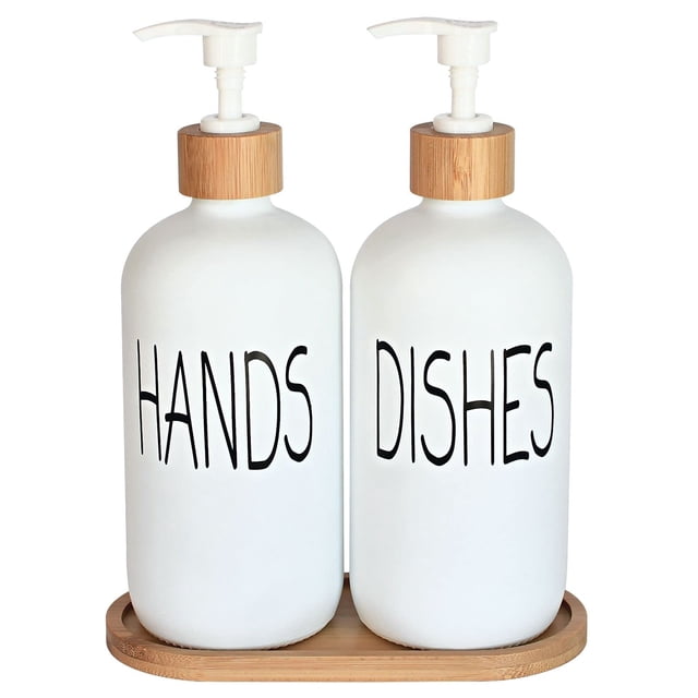 Set dispensador de jabón DIDROOM Glass con bandeja de bambú, color blanco