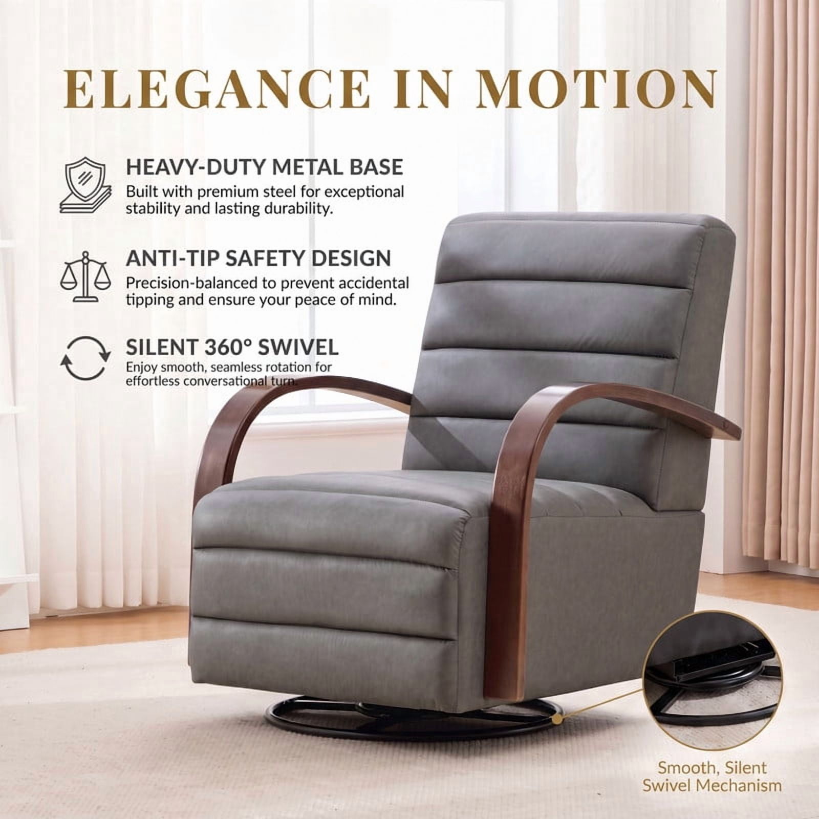 Gewnee Accent Chair, 360°Swivel Upholstered Reading Chair,Modern Armchair for Living Room, Bedroom & Home Office, Gray