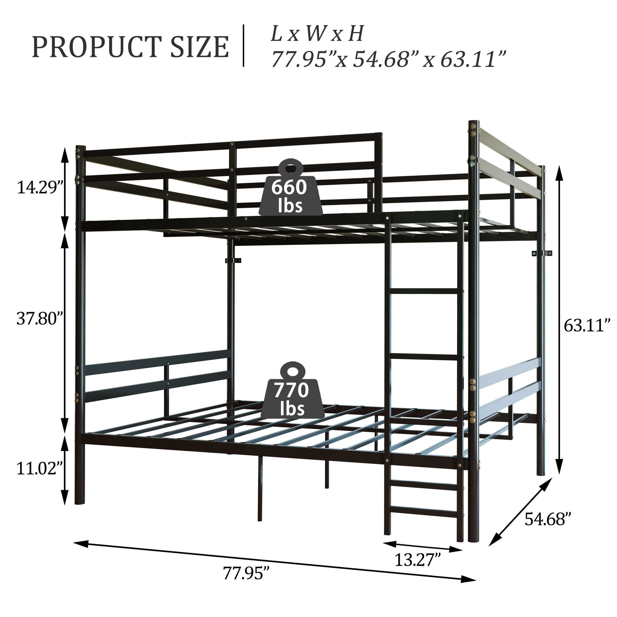 MAYEERTY Full Over Full Metal Bunk Bed, Heavy Duty 770 lbs Capacity Frame, Sturdy Steel Bunk Bed with Guardrail and Ladder for Kids Teens Adults, Black