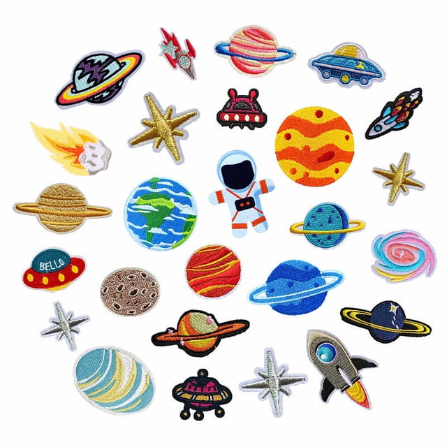 Pegatinas de tela bordadas con logotipo de bordado por computadora, universo, planeta, astronauta, accesorios de ropa, parches decorativos de cohete y luna