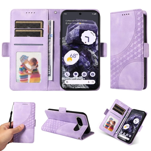 ELEHOLD For Google Pixel 8 Leather Wallet Phone Case, Embossed Diamond Folio Flip Cover, Card Holder Cash Slot, Stand Support, Wrist Strap Lanyard -Purple