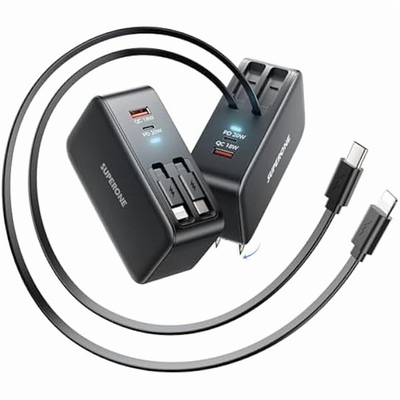 LinQingQ SUPERONE Retractable iPhone charger, 4-Port USB C Charger Block, iPhone Chargers Fast Charging with USB C & Apple Cable, Wall Chargers for iPhones 16/15/14/13/12/11 Series, Pad, Samsung, Pixe