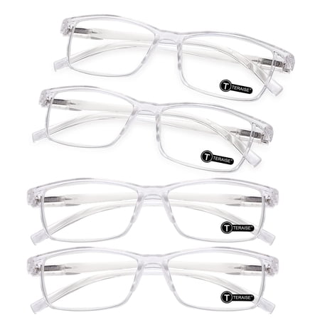 TERAISE Fashion Anti-Blue Light Resin Reading Glasses,Transparent,0.00x 4 Pack
