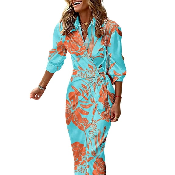 DYMADE Women Plus Size Printed Cotton Lace Up Long Sleeve Midi Mength Shirt Wrap Dress