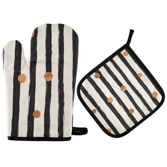 Yayeee Oven Mitts and Pot Holder Set of 2 Heat Resistant Kitchen Gloves Baking Hot Pad, Black Abstract Stripes