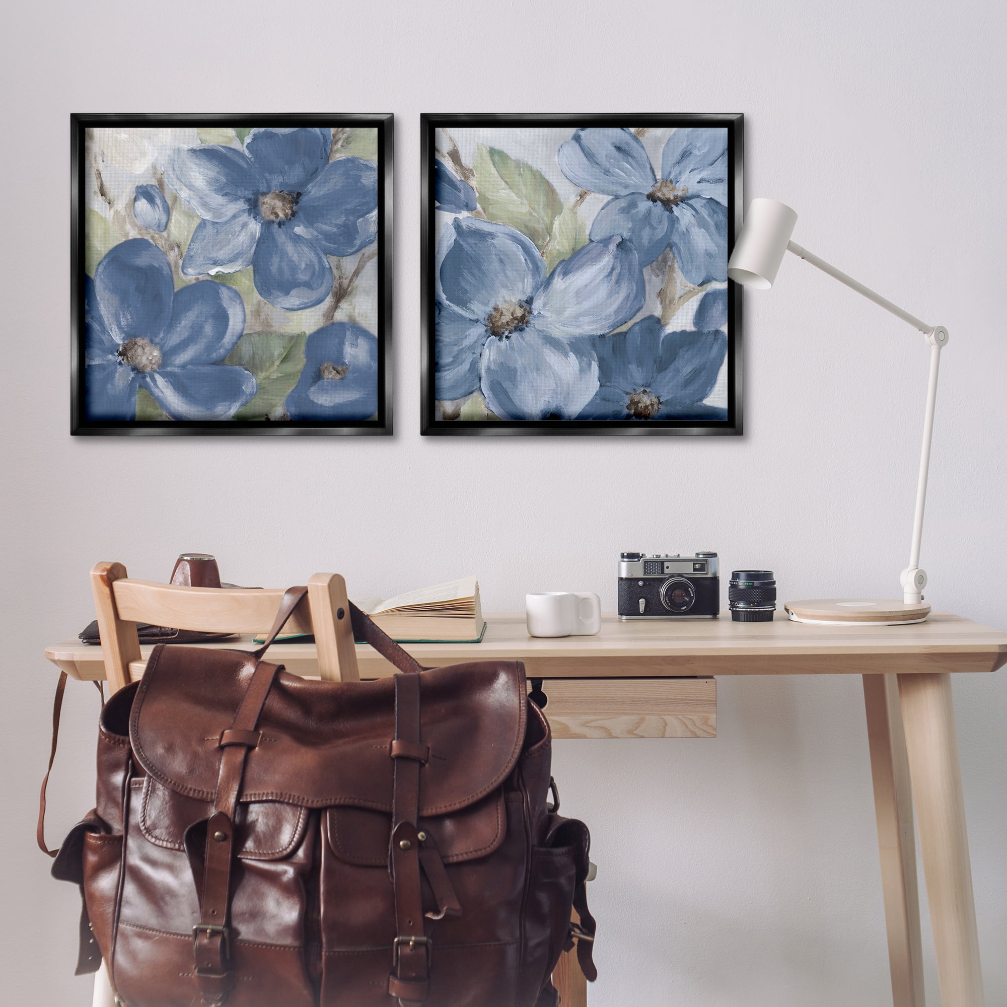Stupell Industries Blue Blooming Petals Plants & Flowers Painting Black Floater Framed Canvas Art Print Wall Art, 25 x 25, Set of 2